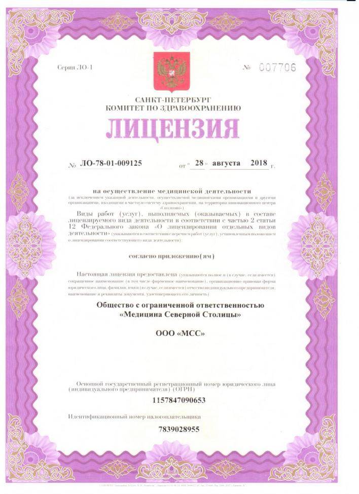 Медицинский центр Медицина Северной Столицы лицензия №1